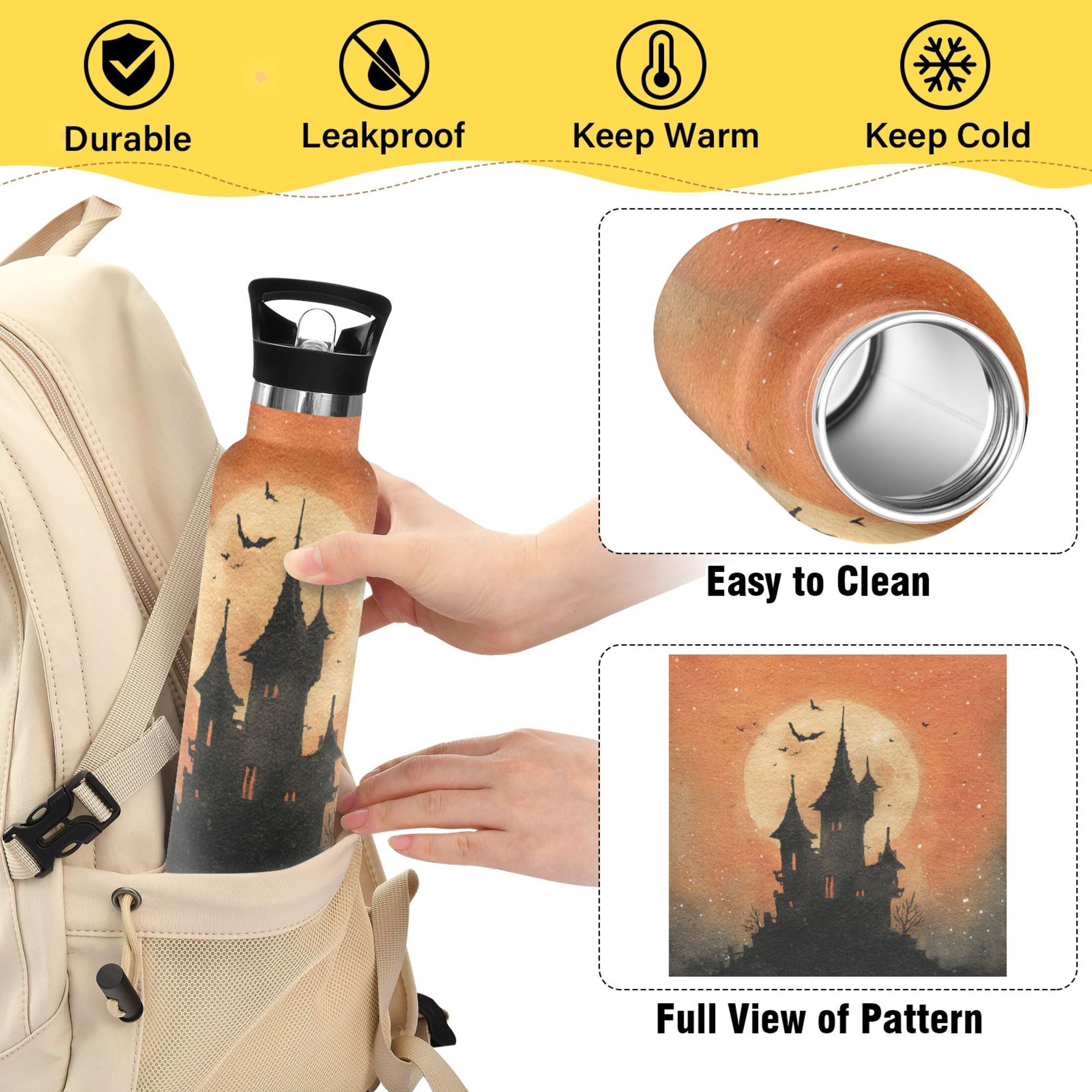 600ML Stainless Steel Insulated Cup Sports Water Bottle Portable Thermos Cup Water Glasses Insulated Tumblers Convenient and Durable Watercolor Halloween Castle