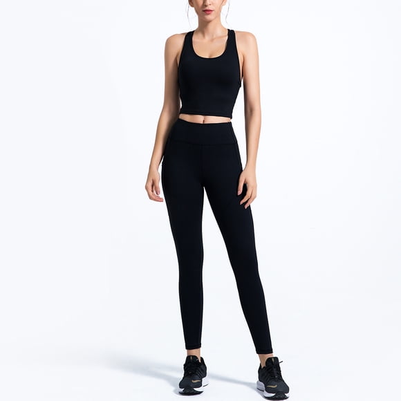 Women's 2 Pieces Outfits Sleeveless Back Cross Sports Tops High Waist Push up Seamless Yoga