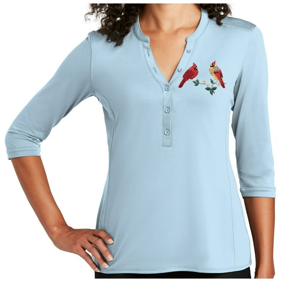 Women's Cardinal Couple on Branch 5-button 3/4 Sleeve Henley Shirt, Medium Cloud Blue