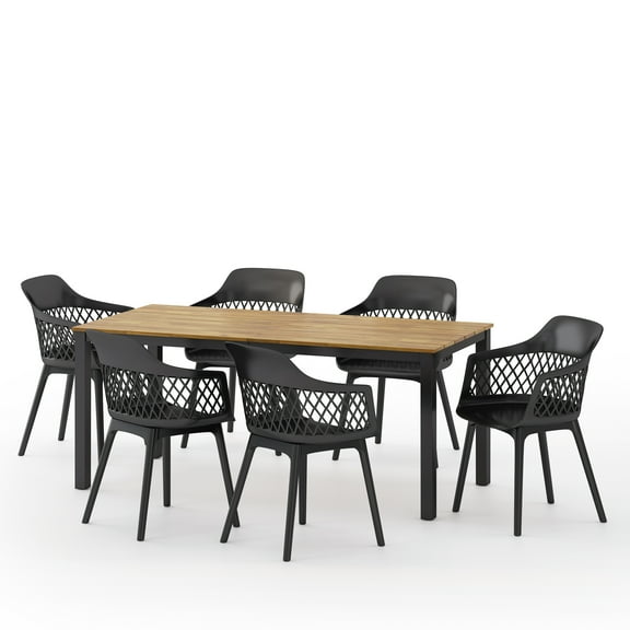 Lorena Wood and Resin Outdoor 7 Piece Dining Set, Black and Teak