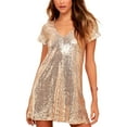 thumbnail image 1 of ZAXARRA Femmes Mini Robe, Manches Courtes V Cou à Paillettes Robe d'Été Libre Clubwear pour Parti, 1 of 5