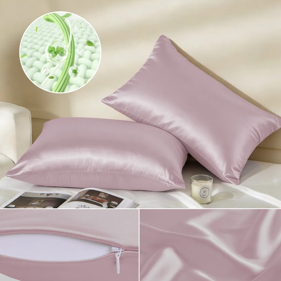 Bamboo Cooling Satin Pillowcase with Zipper, 2Pcs Lavender Ultra Soft and Silky Pillow Cases Standard Size， Pillow Covers for Hair Protection & Hot Sleepers