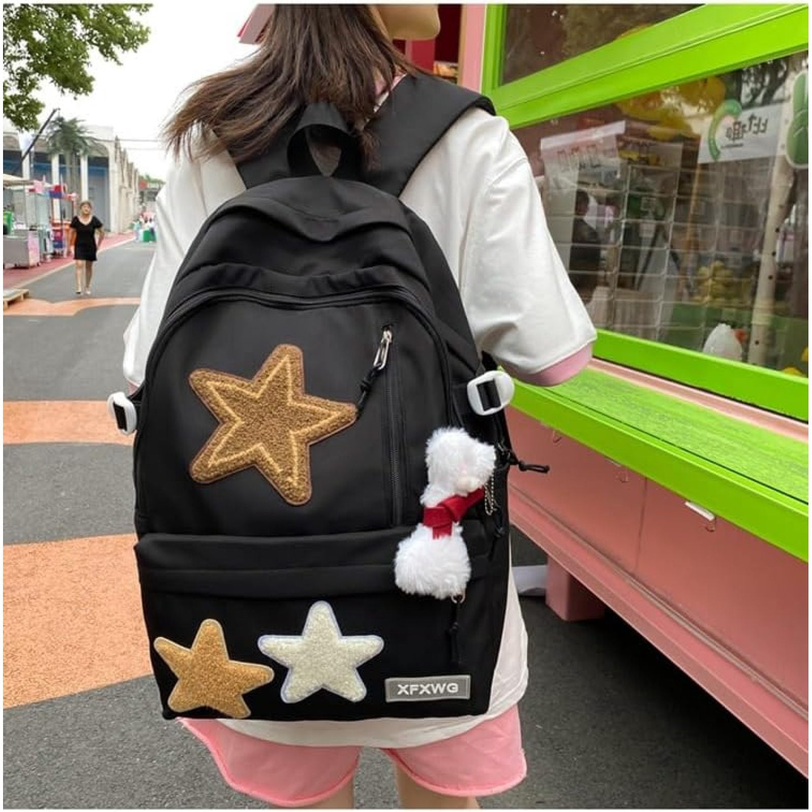 SQDWYGUO Y2k Backpack with Kawaii Pendant Aesthetic Star Backpack Cute Preppy Laptop Book Bag Back to College Supplie,Black