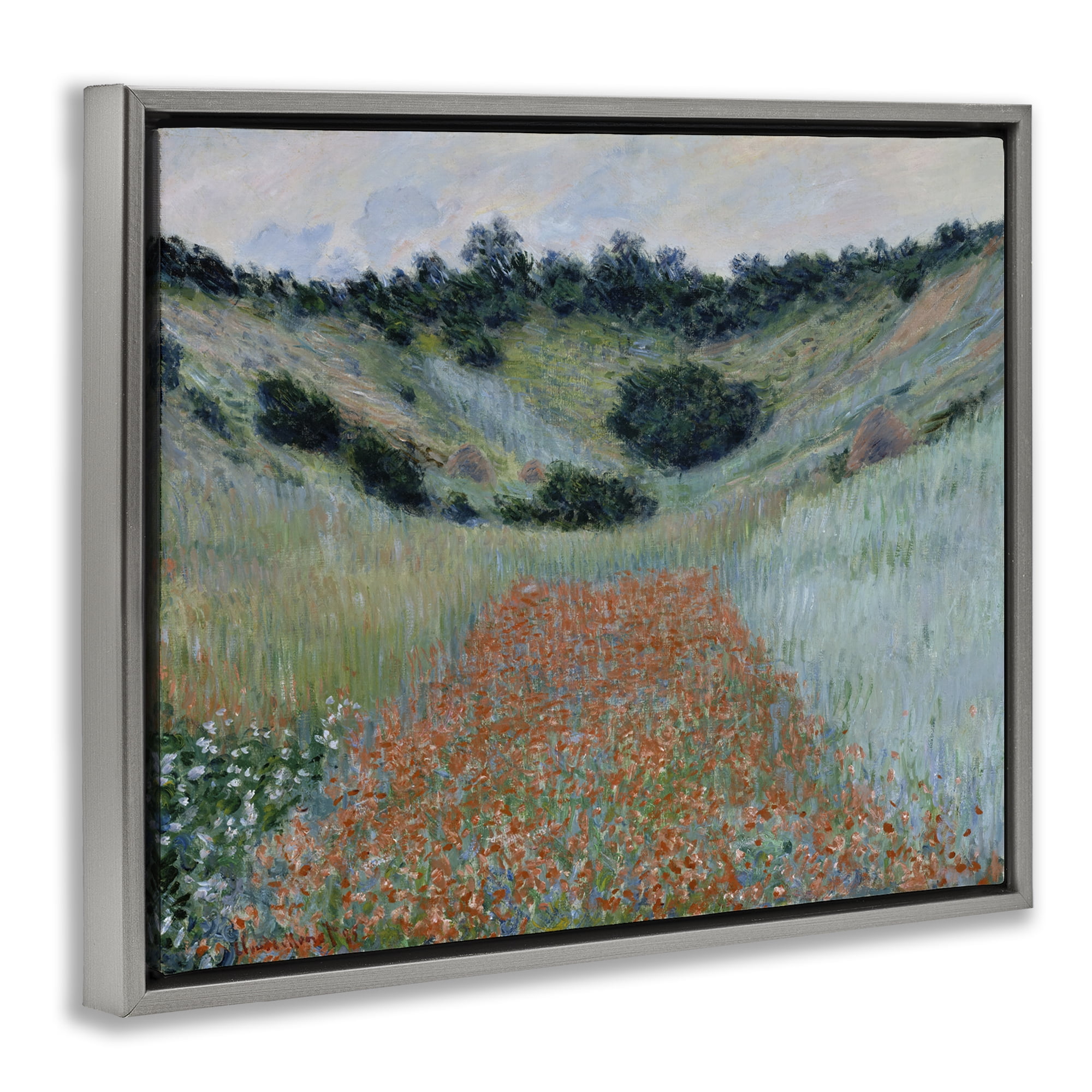 Stupell Industries Classic Poppy Field in Hollow Landscape & Nature Painting Gray Floater Framed Canvas Art Print Wall Art, 21 x 17