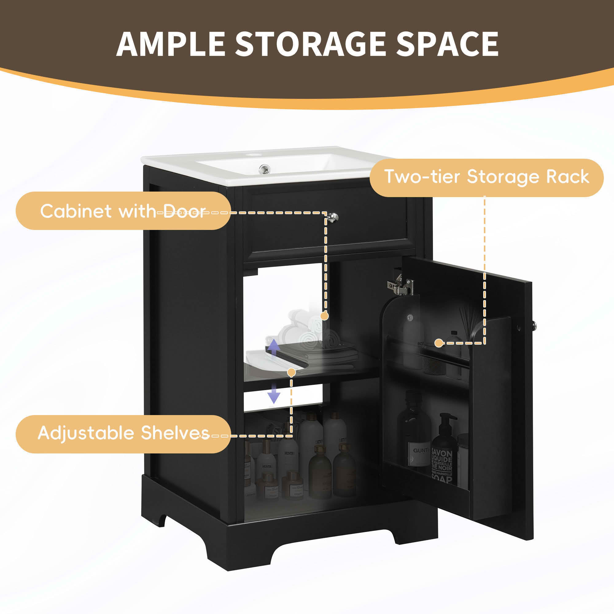 MAYEERTY 20" Bathroom Vanity with Sink Soft Closing Door Storage Rack Adjustable Shelf Black