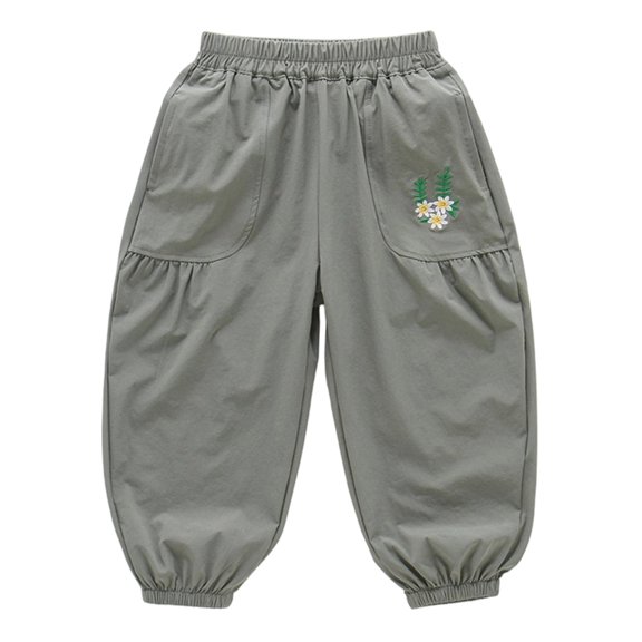 JAJAHO Girls Sweatpants Floral Embroidered Summer Breathable Kids Elastic Waist Ankle-Tied Joggers Pants 2-8Y Stylish Trousers