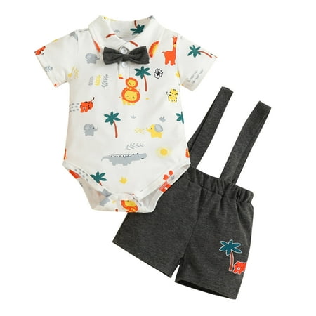

JHLZHS Cute Baby Boy Outfits for Photoshoot Boys Short Sleeve Solid Cartoon Print Bow Tie Romper Suspenders Pants Outfits Little Boys Clothes Colored Organics Baby Clothes
