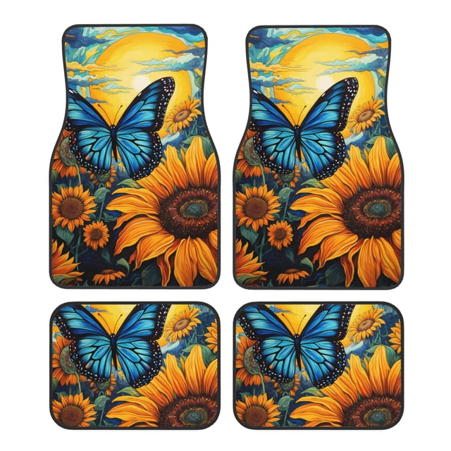 Kdxio Colorful Cloud Butterfly Sunflower Print Car Floor Mats Universal SUV Front Rear Floor Foot Mats 4-Piece Full Set with Non-Slip Rubber Backing Car Accessories for Most Cars