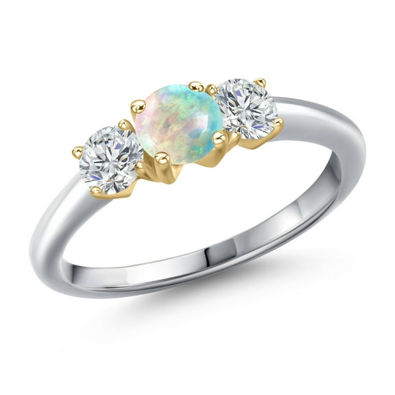 Gem Stone King 10K Two Tone Gold Simulated White Opal and Lab Grown Diamond Engagement Ring for Women | 1.04 Cttw | Round Cabochon 5MM | Gemstone October Birthstone | Size 8