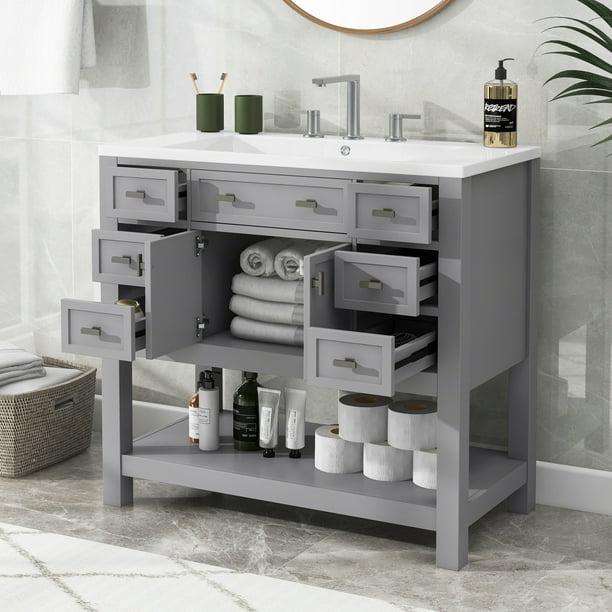 36'' Bathroom Vanity with Top Sink, Modern Vanity Storage Set