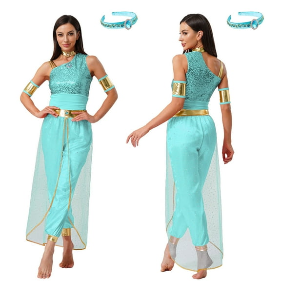 iiniim Women's Princess Cosplay Jumpsuit Belly Dance Romper with Headwear Halloween Costume Mint Green XXL
