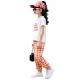thumbnail image 3 of Girls Summer 2 Piece Outfits Crew Neck Short Sleeve Print Tees Plaid Elastic Waist Pants Casual Trendy Clothes (8 Years, Orange), 3 of 3