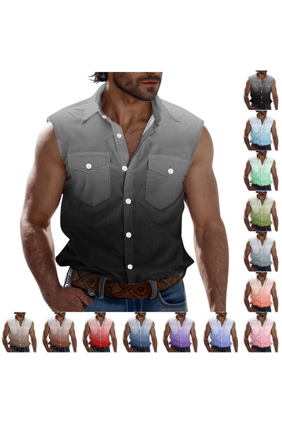 Workout Tank Top Quick Dry Gym Muscle Tees Men Casual Fashion Gradient Print Turndown Collar Sleeveless Pockets Sports Tank Sky Blue Xl