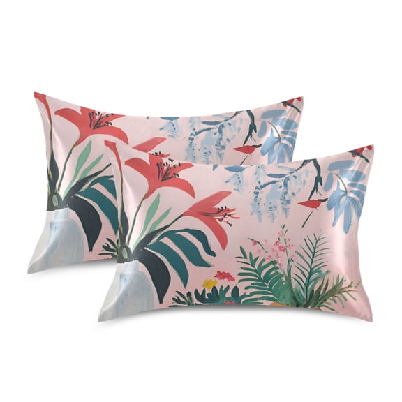 Yayeee Pillowcase Standard Size Set of 2 Satin Wrinkle Resistant Pillow Case, Flowers and Leaves