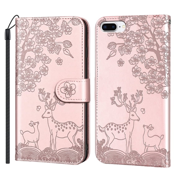 TOP SHE Case For iPhone 8 Plus/7 Plus,Sika Deer Flip Synthetic Leather TPU Case Cover with Fashion Wallet Lanyard Anti-Scratch Shockproof Bumper Cute Case,Rosegold