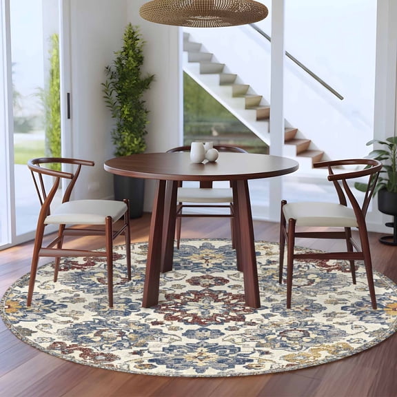 Vintage Bohemian 5ft Round Rug for Dining Table for 4 People Under Table Placement, Floral Texture Washable Non Slip Circle Area Rug