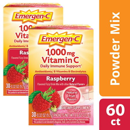 Emergen-C (60 Count, Raspberry Flavor, 2 Month Supply) Dietary Supplement Fizzy Drink Mix with 1000mg Vitamin C, 0.32 Ounce Packets, Caffeine