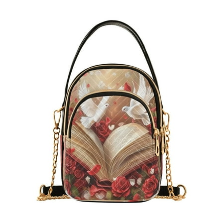 YAZAOO Cross Body Fashion Shoulder Waist Purse Bags Red Roses White Doves Printing Pocket Handbags