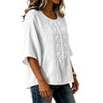 thumbnail image 5 of thefmos Women Summer Boho Linen Tops 3/4 Sleeve Round Neck Embroidery Casual Loose Pullover Blouses Solid Fall Fashion Tunic, White S, 5 of 9