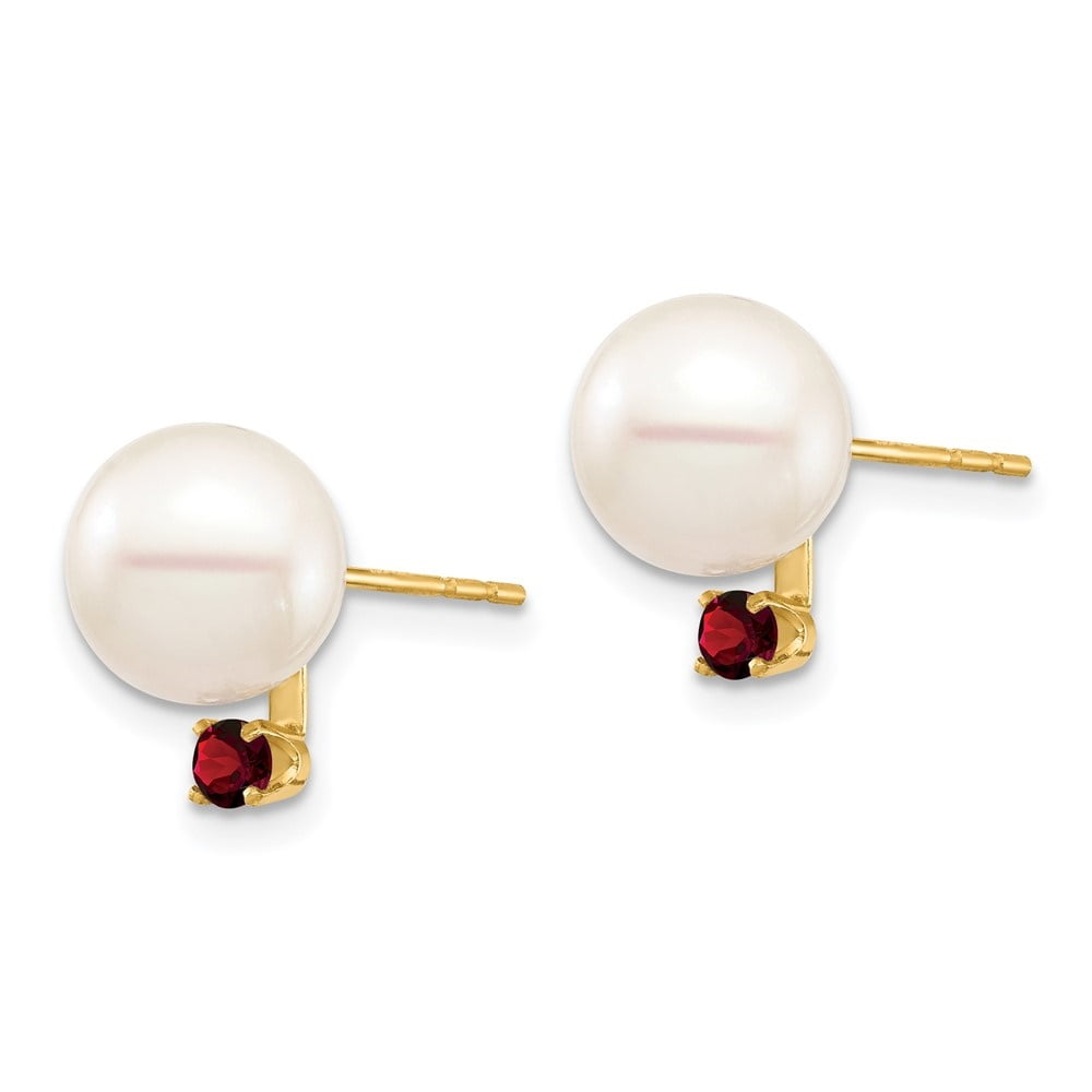 Auriga 14k Yellow Gold 8-8.5mm White Round Freshwater Cultured Pearl Garnet Stud Earrings for Women (L- 0.44 inch, W- 0.34 inch)