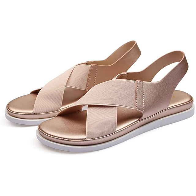 Sandals, Women Summer Cross Strap Stretchy Flat Sandals Non Slip Open Toe Beach Shoes