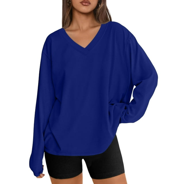 Oversized Sweatshirt Women, V-Neck Long Sleeve Pullover Tee Tops, Casual Loose Solid Color Stretch Fall Shirt