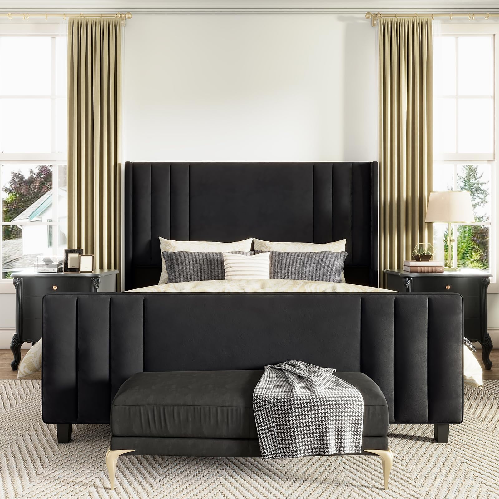 Amerlife Queen Size Bed Frame with Velvet Upholstery, Tufted Headboard and Footboard, Black