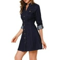 thumbnail image 3 of Women's Denim Dress Button Down Collar V Neck Long Sleeve A-line Cotton Jean Dress M Denim Blue, 3 of 8