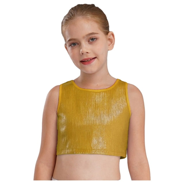Hansber Kids Girls Shiny Hip Hop Jazz Dance Crop Tops Metallic Ribbed Cami Vest Shirts Performance Party Dancewear Gold XS