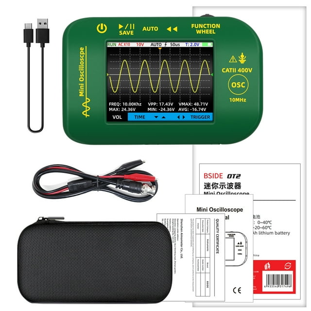 Graflsoa Portable Lithium Oscilloscope with 2.8" Full-View Color Screen, 10MHz Bandwidth, 48MSa/s Real-Time Sampling, Auto-Ranging, True RMS Display, Data Hold, Auto-Off (OT2 Standard)