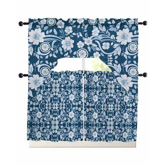 Navy Blue Floral Kitchen Curtains Sets 24 Inch Length with Valance, Vintage Pastoral Botanical Leaves Swag Valances and Tiers Curtain Set Drapes Swag Curtains for Living Room, Bathroom, Bedroom, Cafe