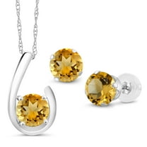 Gem Stone King 10K White Gold Yellow Citrine Pendant Earrings Jewelry Set for Women | 2.10 Cttw | Gemstone November Birthstone | Round 6MM | with 18 inch Chain