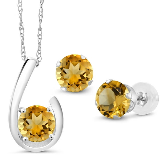 Gem Stone King 10K White Gold Yellow Citrine Pendant Earrings Jewelry Set for Women | 2.10 Cttw | Gemstone November Birthstone | Round 6MM | with 18 inch Chain