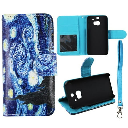 Starry Night Wallet Folio Case for HTC One M8 Fashion Flip PU Leather Cover Card Slots &