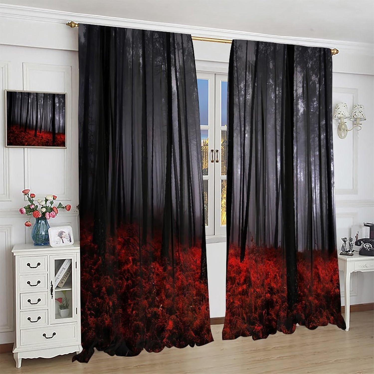 Misty Forest Blackout Curtains, Natural Landscape Dark Jungle Red Lawn Pattern Printed Curtains for Bedroom Living Room Insulation Curtains 84x84 Inch