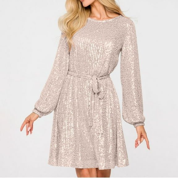 Blmnix Valentine Dresses for Women 2026 Sequin Plus Size Cocktail Skirts Gold Long Sleeve Crew Neck Drop Waist Dress Women,S