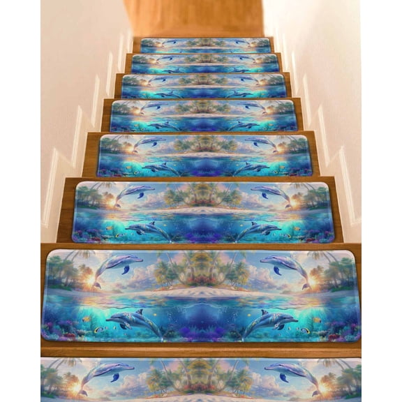 Stair Treads for Wooden Steps,Ocean Dolphins Peel and Stick Stair Treads with Adhesive,Summer Coral Coconut Trees Tropical Fish Non Slip Indoor Stairs Runner Rugs Mats for Elders Dogs 8"x30" 7PCS