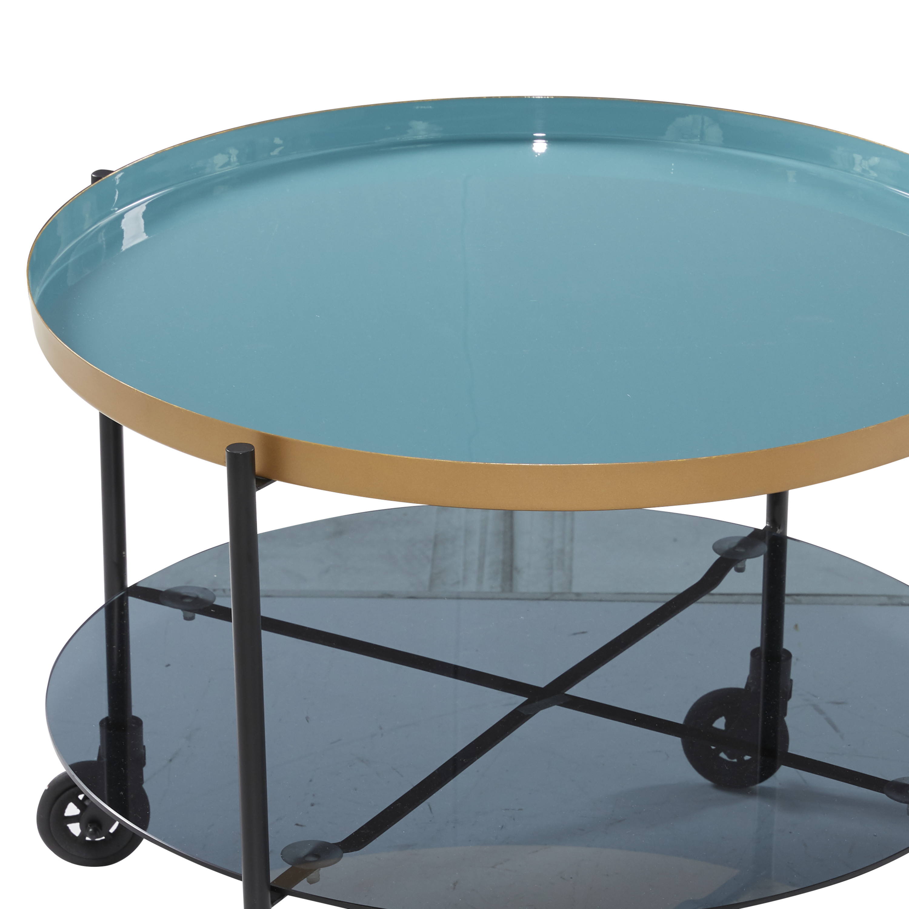 DecMode 18346 Round Black Metal Wheeled Coffee Table with Teal Enamel Tray Top and Tinted Glass Shelf, 26 in X 19 in