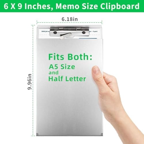 Aluminum Clipboard with Storage(Memo Size), Recycled Metal Form Holder Binder Fits Paper Size up to 5.66 x 9.5 inches, A5 Size