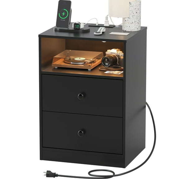 Someet LED Nightstand with Charging Station and 2 USB Ports, End Tables with 2 Storage Drawers for Bedroom Living Room, Black