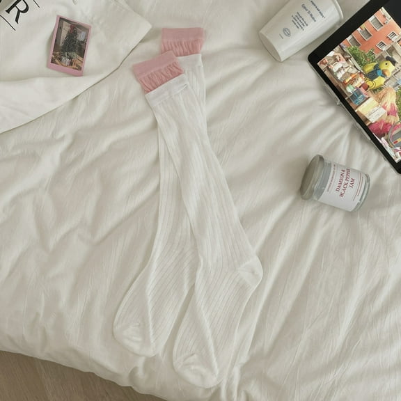 Nvzi -b 3 Pairs Casual Tube Socks Cotton Knee High Socks for Women Solid Knit Knee Long Stocking All Season Gift，Stretch，Soft（White）