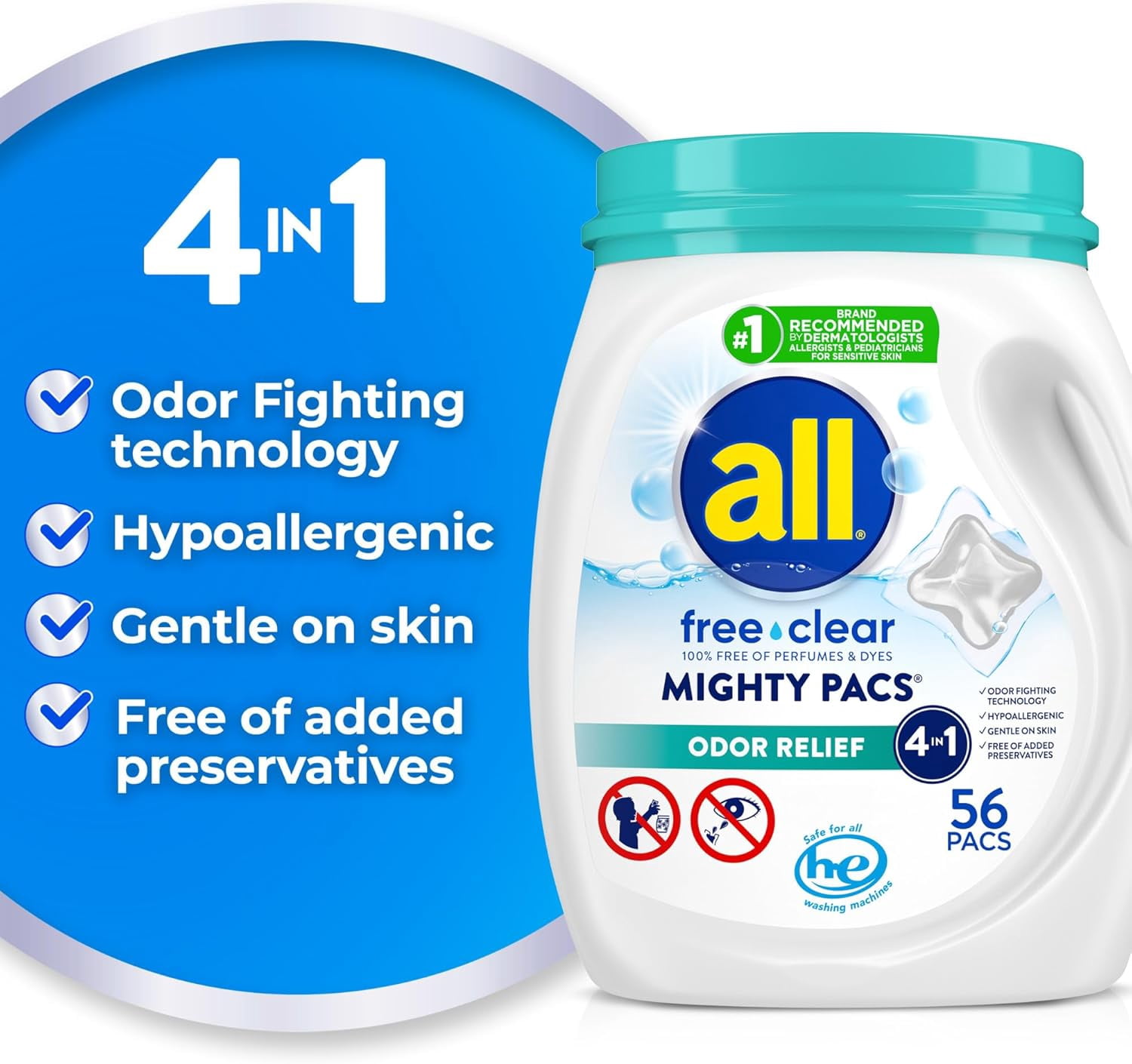 Mighty Pacs Laundry Detergent Free Clear Odor Relief, Tub, 56 Count