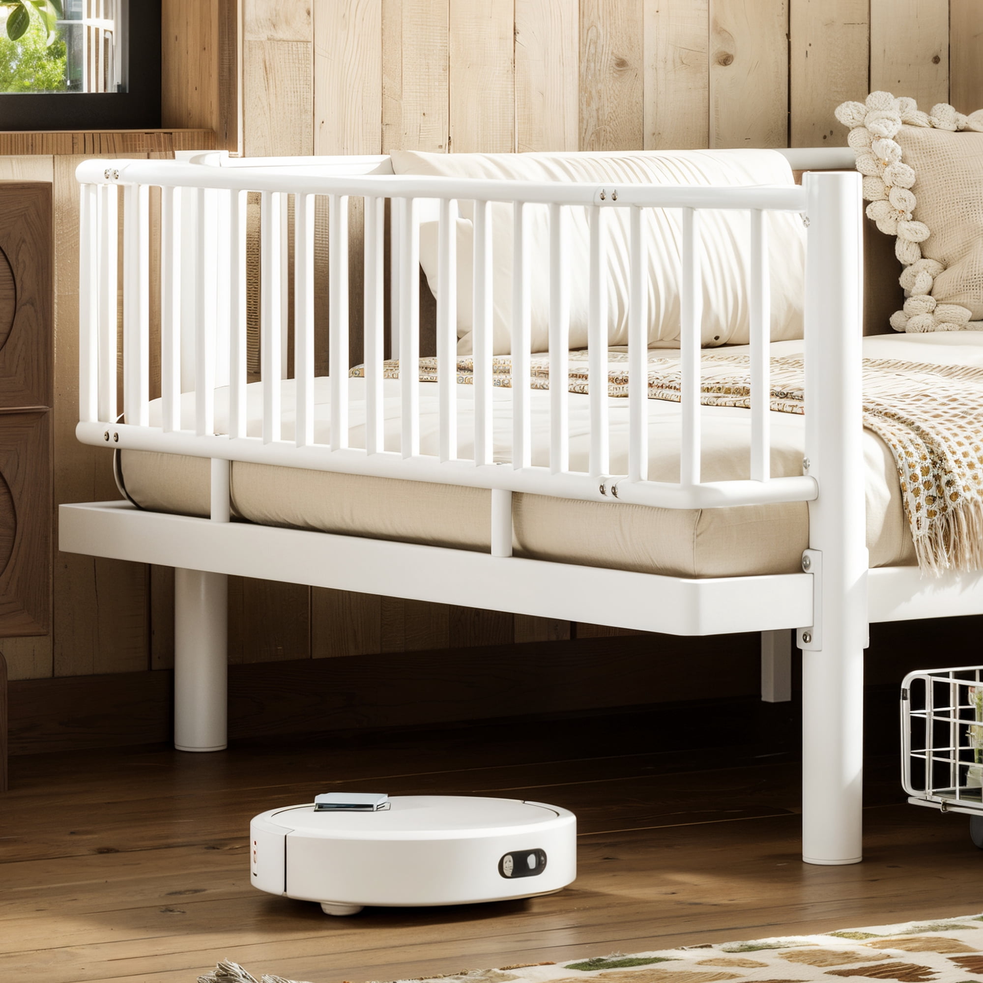 Miniyam Full Metal Daybed Frame with Storage Drawers, Low Profile Platform Bed with Guardrails, White