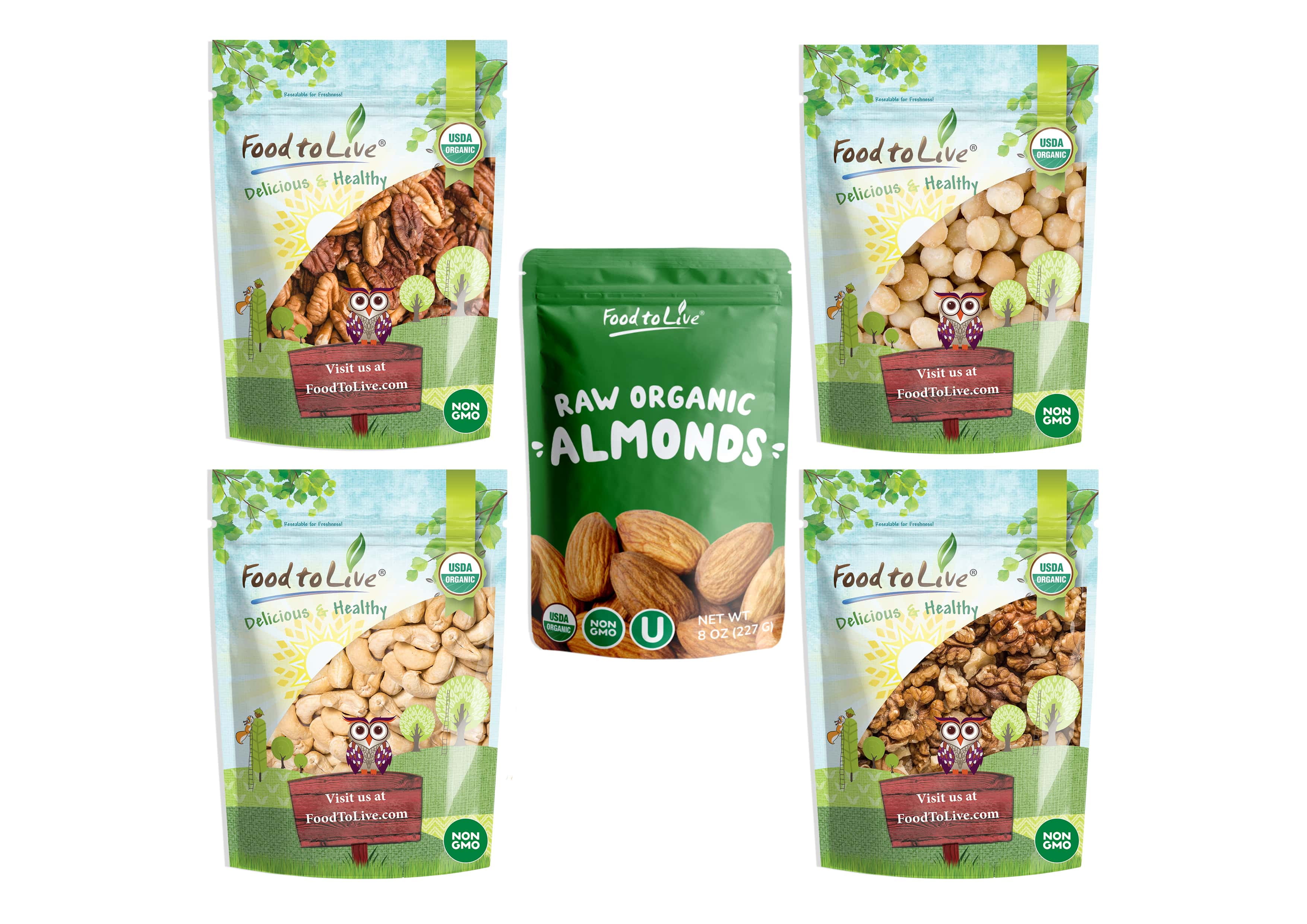 Organic Deluxe Nuts in a Gift Box - A Variety Pack of Pecans, Macadamia Nuts, Cashews, Walnuts and Almonds – by Food to Live
