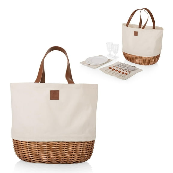 Picnic Time Promenade Picnic Basket for 2, Stylish Canvas Tote with Handwoven Wicker Base and Leatherette Handles, Beige Canvas