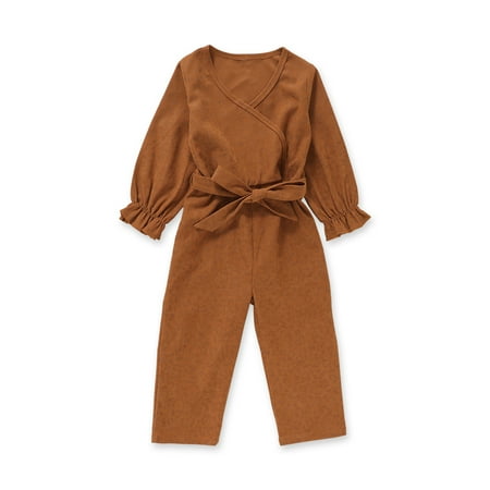 

OLLUISNEO Infant Baby Girls Jumpsuit Long Sleeves V Neck Yellow Romper With A Belt 12-24 Months
