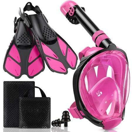 Daretodo Mask Fins Snorkeling Gear for Adults, Full Face Snorkel Mask & Adjustable Swim Fins Snorkel Set, Panoramic View Snorkel Mask Dry Top System Anti-Fog Anti-Leak