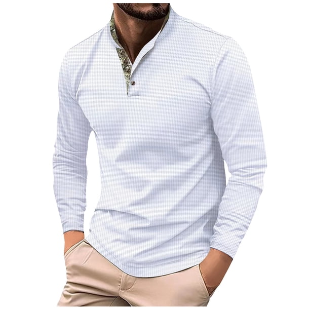 Blusas y camisas de manga larga con cuello redondo para hombre, blusa holgada de color liso con botones y cuello redondo, blusa de manga larga con cuello redondo para hombre