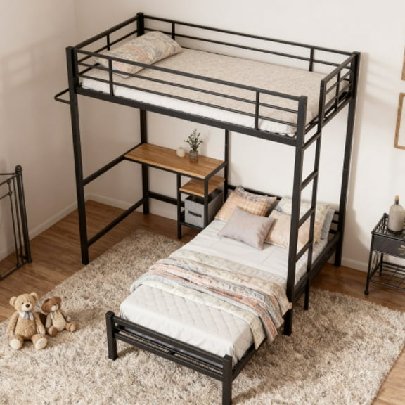 Bunk Bed Twin Over Twin Size with Desk Station L-Shaped Metal Bunk Bed Storage Shelves and Drawers Loft Beds with Safety Guardrail and Ladder,Black