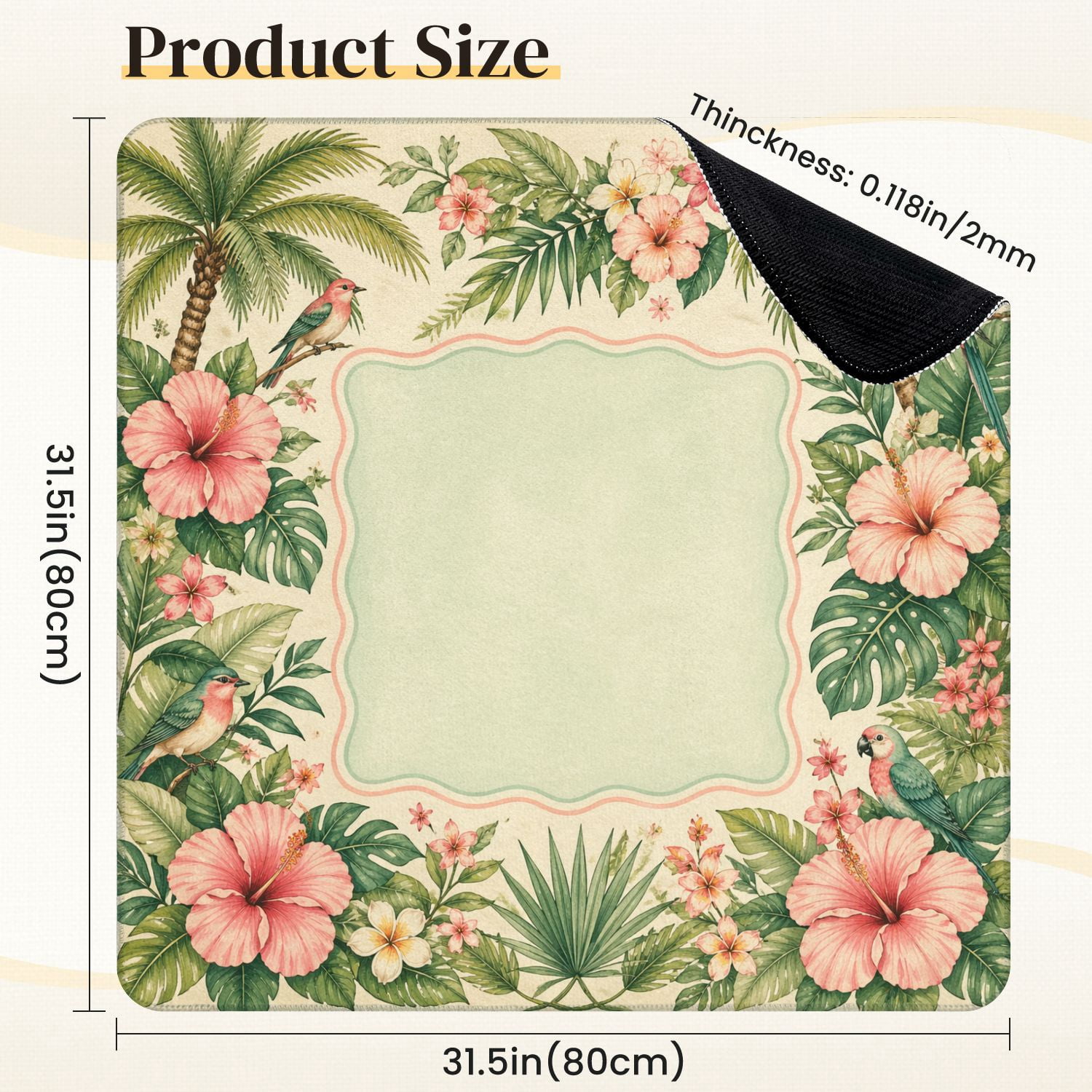 Mahjong Mat 31.5" x 31.5" Tropical Floral Frame Hibiscus Palm Leaves Colorful Birds Non-Slip Noise Reduction Mahjong Tiles Table Cover for Dominoes Poker Card Board and Tile Games